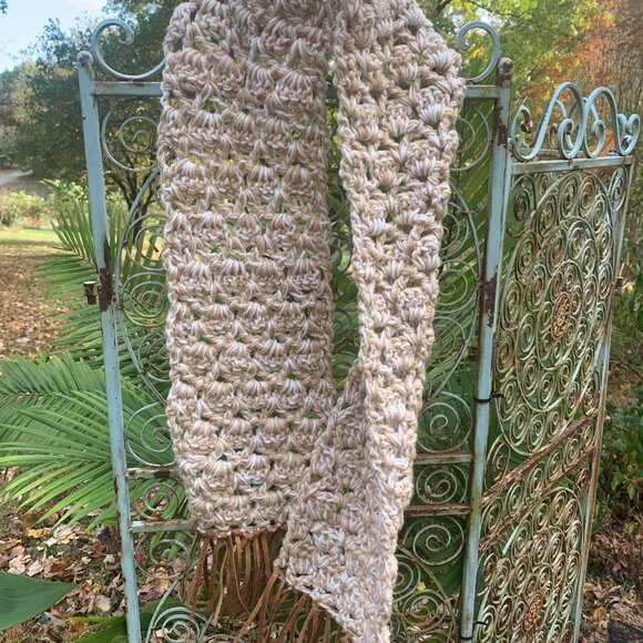 Handmade Crochet Thick Oatmeal Cookie Pattern Cream/Tan Acrylic Blend Boho Scarf - Picture 2 of 6